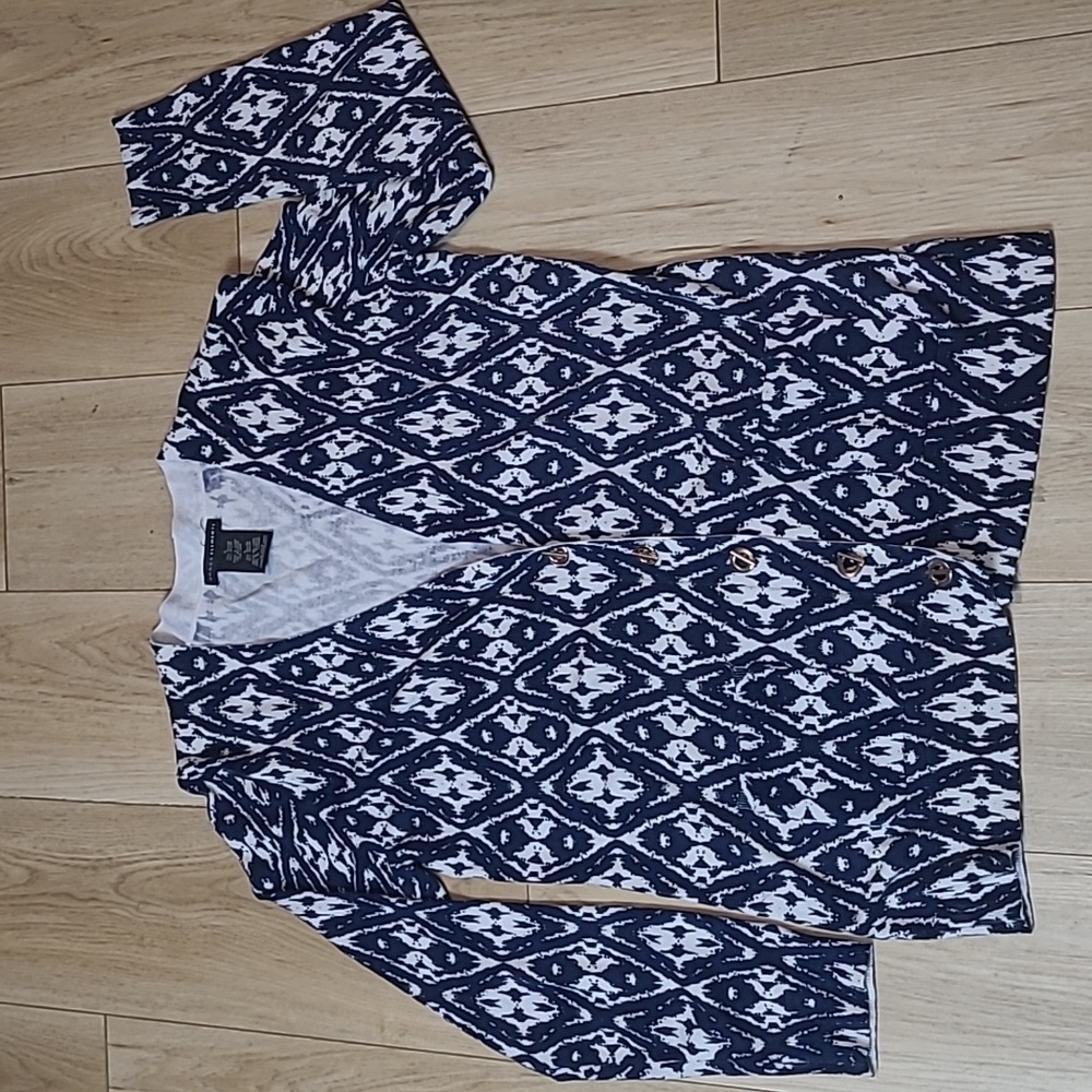 Grace Elements‎ Women's L Boyfriend Cardigan Navy White Toggle Buttons Sweater